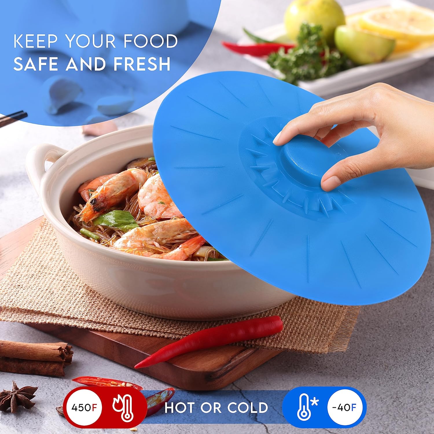 5Pcs Reusable Silicone Suction Lids (Microwave Safe & BPA Free) - Keep Kitchen Neat & Food Fresh