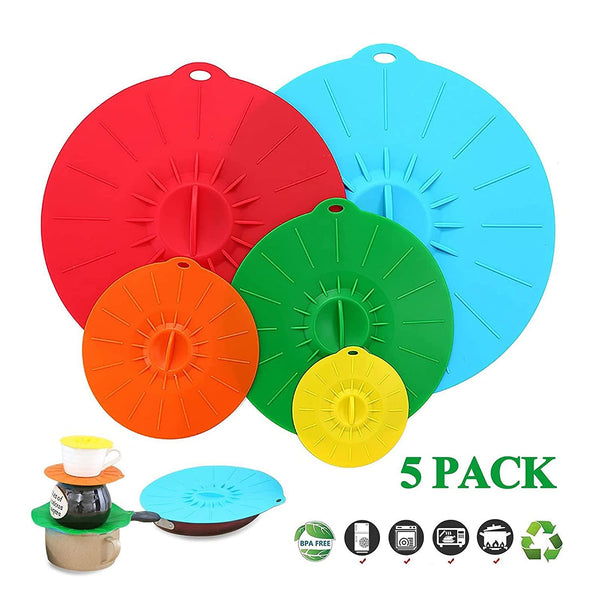 5Pcs Reusable Silicone Suction Lids (Microwave Safe & BPA Free) - Keep Kitchen Neat & Food Fresh